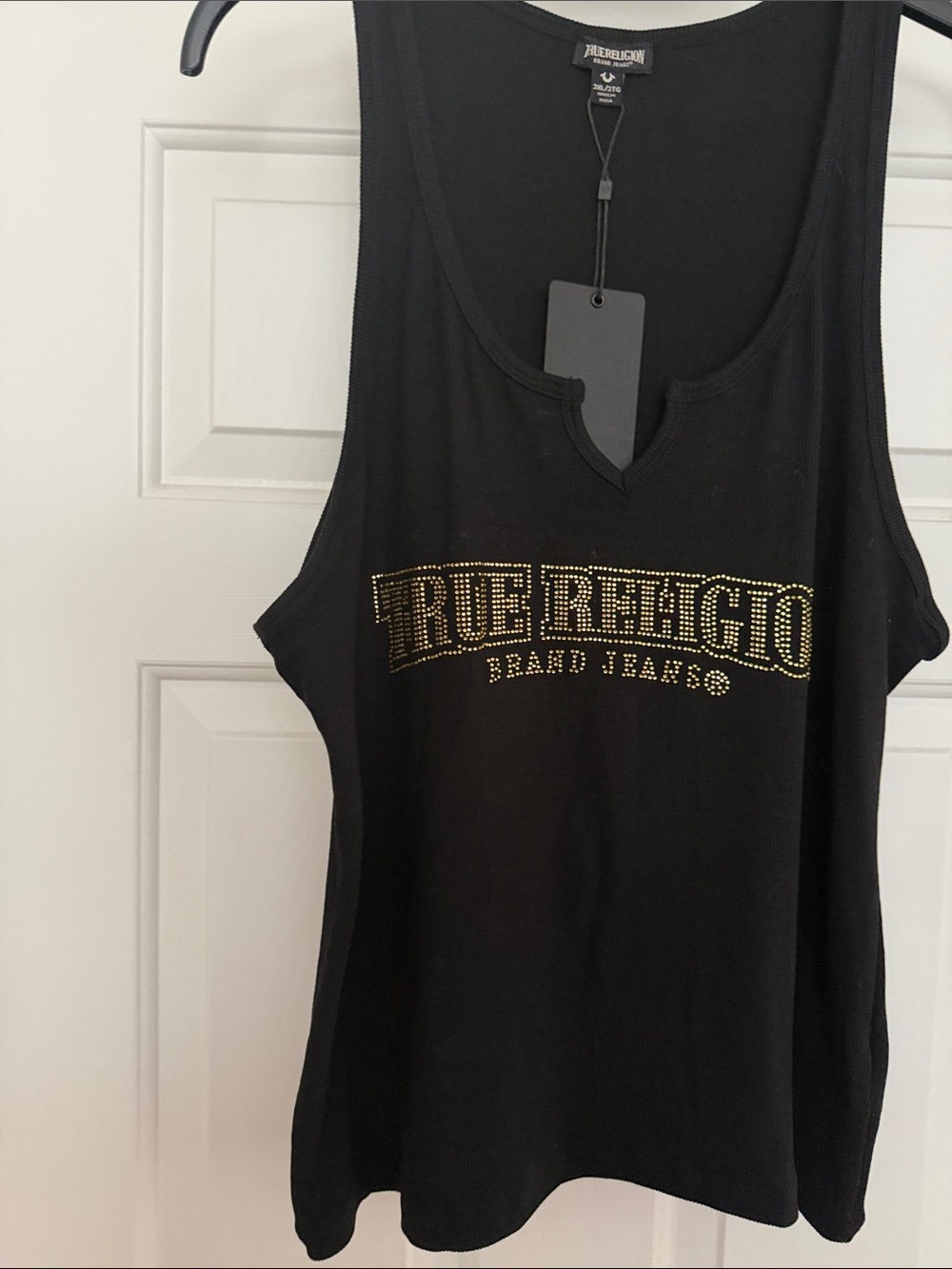 True Religion Black Tank with Gold Studded Logo, size XXL Chest-40”, Length-26”.